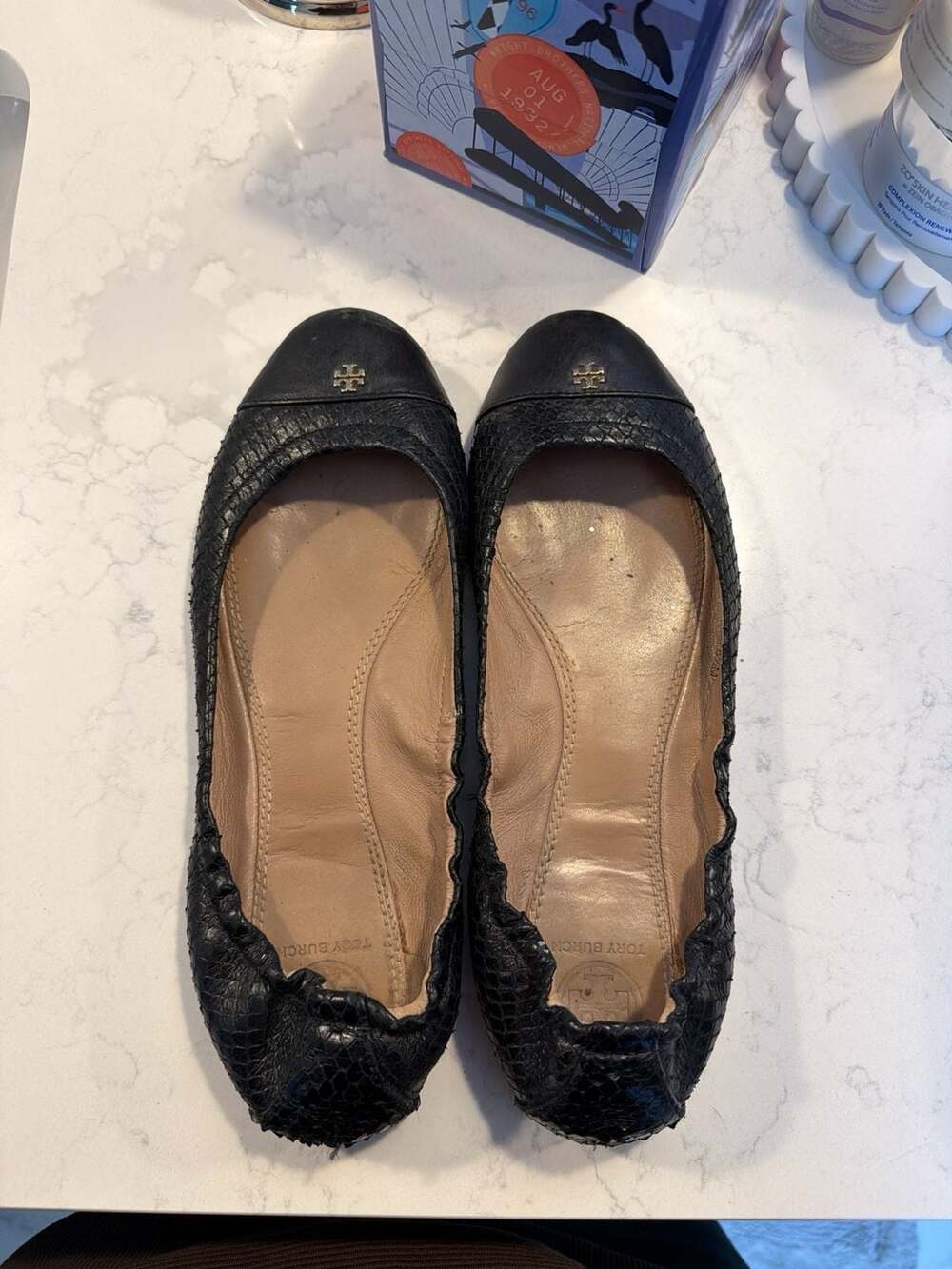 Tory Burch Black Snake-Embossed Leather York Scrunch Ballet Flats